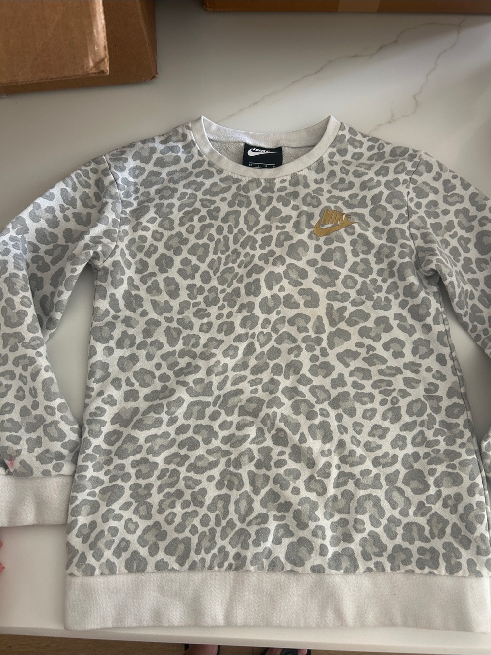 Nike Kids White & Gray Leopard Print Sweatshirt with Gold Swoosh